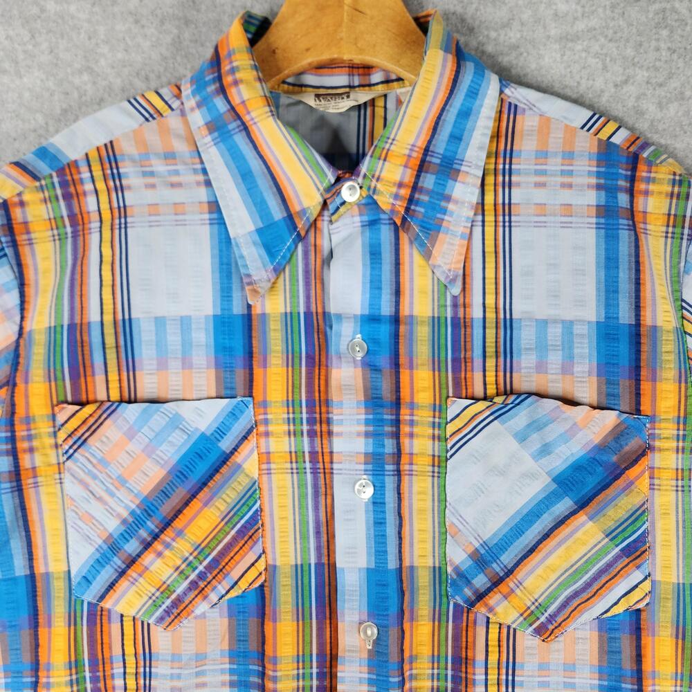 Vintage Montgomery Ward Shirt Mens L/G Multicolor Plaid Short Sleeve Seersucker